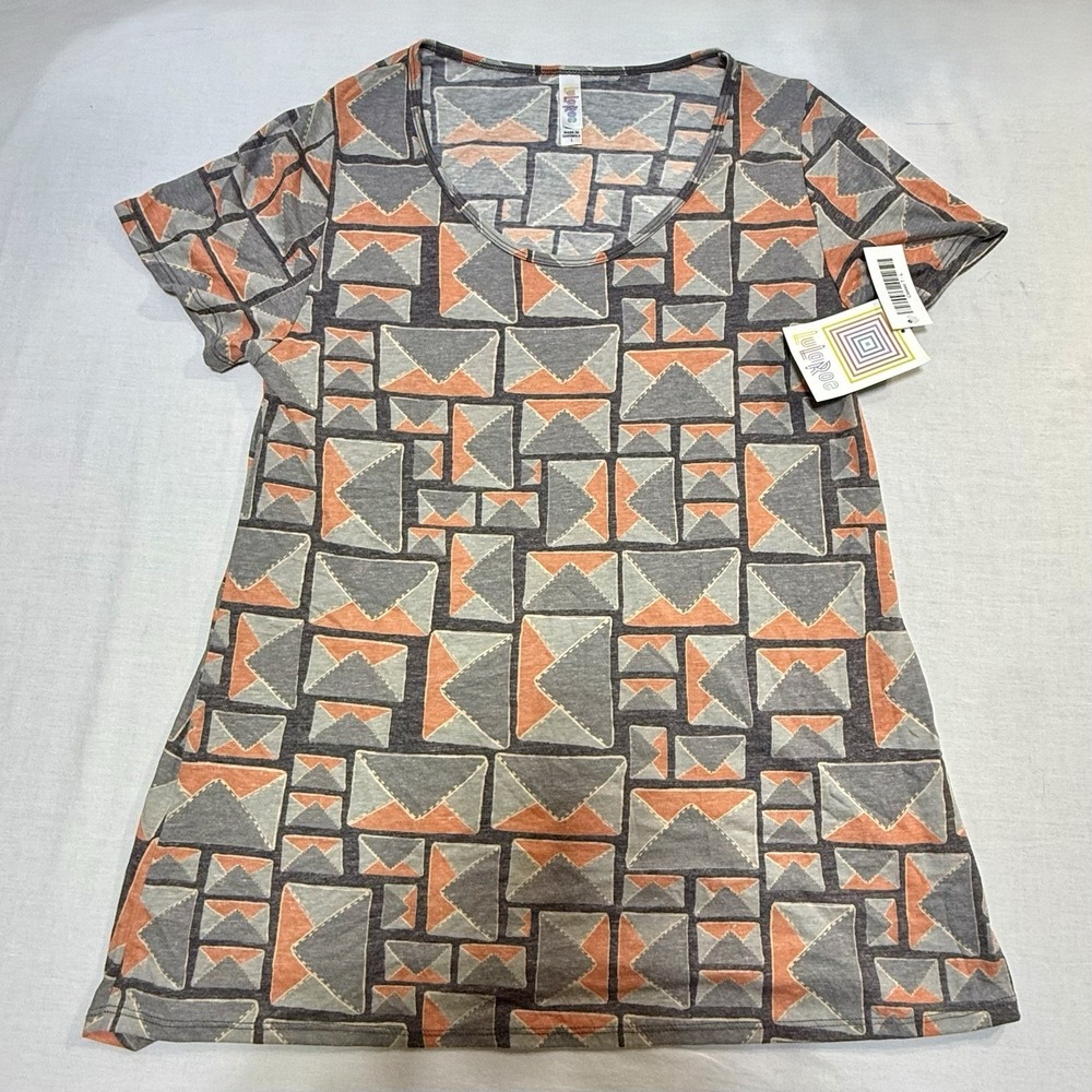Lularoe Women's T-shirt Gray & Orange Geometric Pattern Short Sleeve Size Large‎